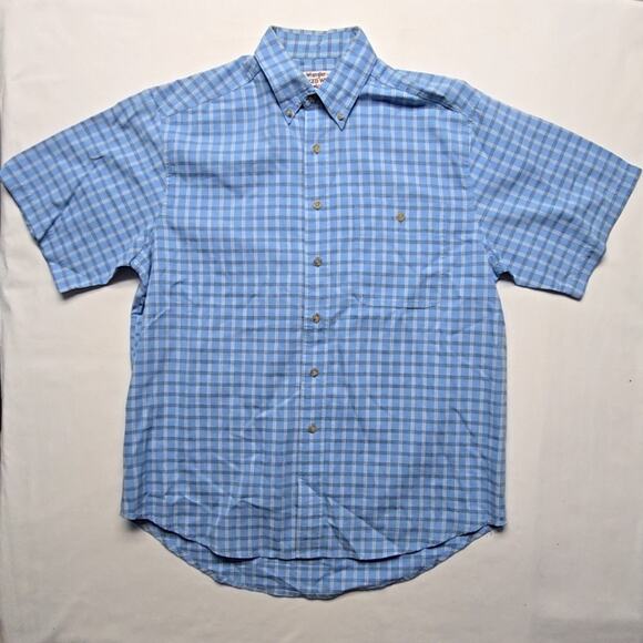 Wrangler Rugged Wear Men's Blue Plaid Short Sleeve Shirt Size Large Button Up - Picture 1 of 9